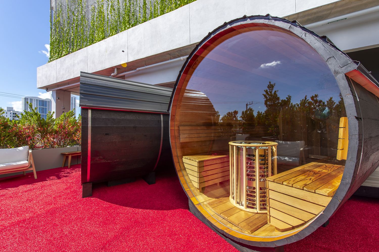 Open-air barrel sauna at an Anatomy Wellness Sanctuary