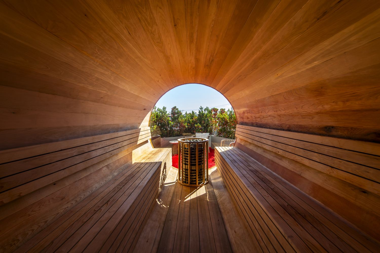 Inside the barrel sauna at an Anatomy Wellness Sanctuary